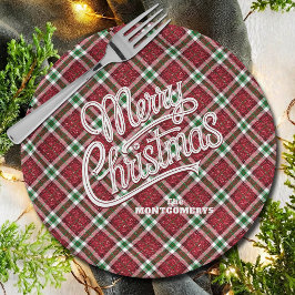Plato De Papel Sparkly Merry Christmas Plaid 
