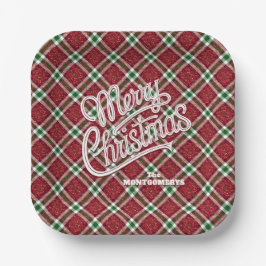 Plato De Papel Sparkly Merry Christmas Plaid Square