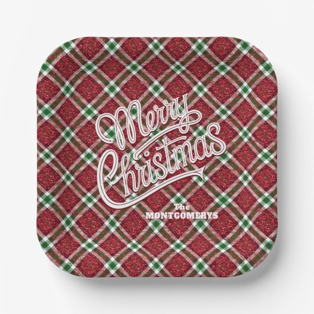 Plato De Papel Sparkly Merry Christmas Plaid Square (Anverso)