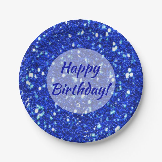 Plato De Papel Sparkly Royal Blue Purpurina mira feliz cumpleaños (Anverso)