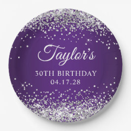 Plato De Papel Sparkly Silver Purpurina Royal Purple 30 cumpleaño