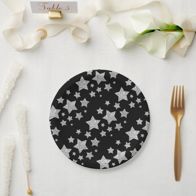 Plato De Papel Sparkly Silver Stars Navidades patrón negro (Boda)