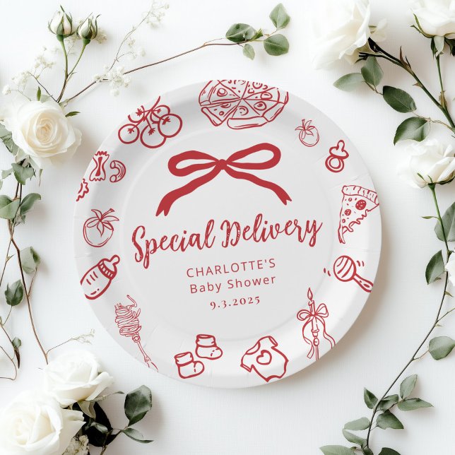 Plato De Papel Special Delivery Italian Whimsical Bow Baby Shower (Subido por el creador)