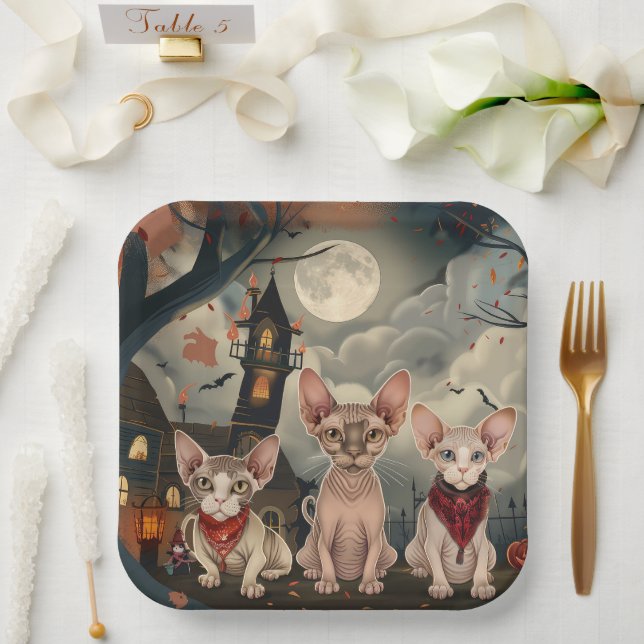 Plato De Papel Sphynx Cat Halloween Spooky (Boda)