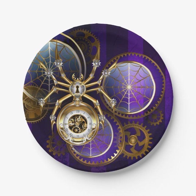 Plato De Papel Spider Steampunk sobre fondo morado (Anverso)