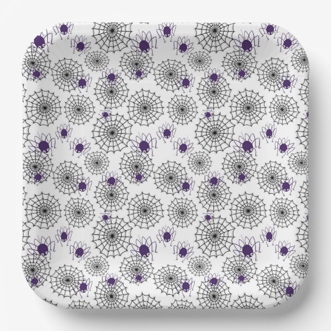 Plato De Papel Spiderweb & Purple Spider Patrón blanco de Hallowe (Anverso)