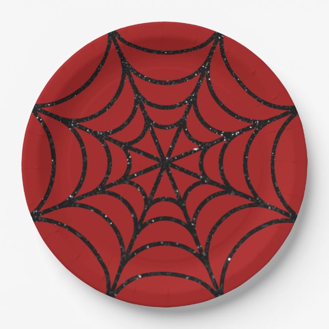 Plato De Papel Spiderweb Purpurina negro (Anverso)