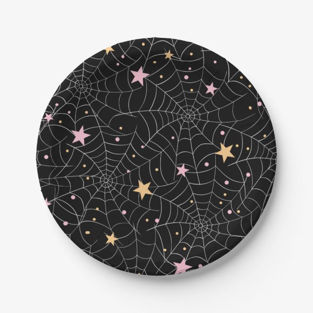 Plato De Papel Spiderwebs y Confetti Pastel Halloween (Anverso)