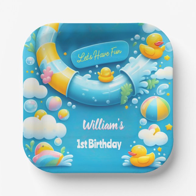 Plato De Papel Splash Bubbles verano espuma de pato primer cumple (Anverso)