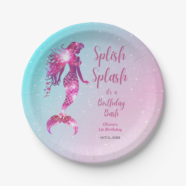 Plato De Papel Splish Splash Sirmaid Baby Girl Primer cumpleaños (Anverso)
