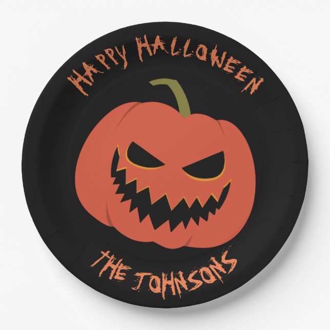 Plato De Papel Spookkin Pumpkin Black Halloween fiesta tu nombre (Anverso)