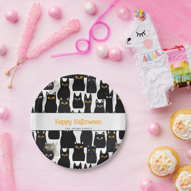 Plato De Papel Spookone Black Cats Custom Name Happy Halloween (Fiesta)