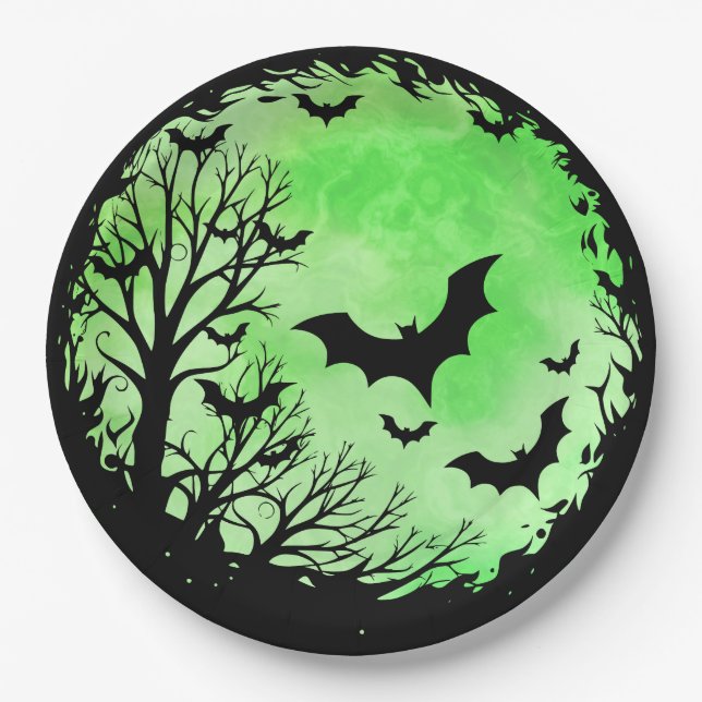 Plato De Papel Spooky Bat Moon Green (Anverso)