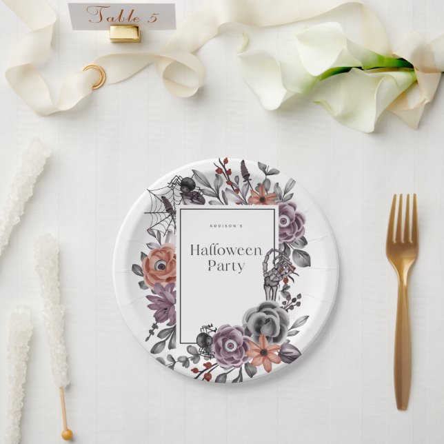 Plato De Papel Spooky Floral Halloween Birday Party Card (Boda)
