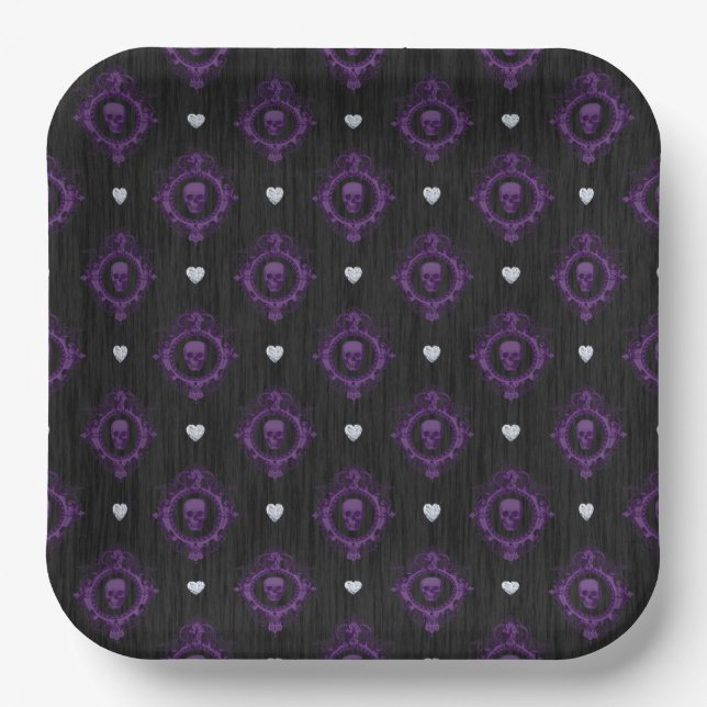 PLATO DE PAPEL SPOOKY GOTHIC PURPLE HALLOWEEN SKULLS (Anverso)