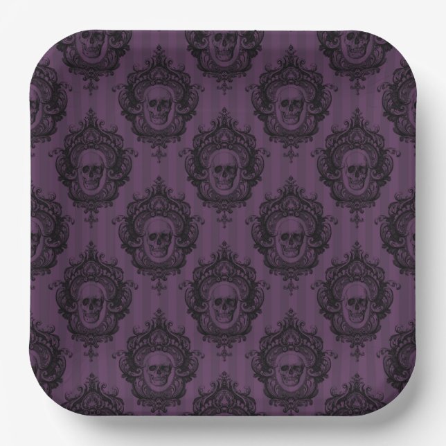 PLATO DE PAPEL SPOOKY GOTHIC PURPLE HALLOWEEN SKULLS (Anverso)