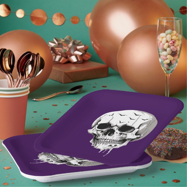 Plato De Papel Spooky Halloween Melting Cranium With Bat Imagery  (Multi)