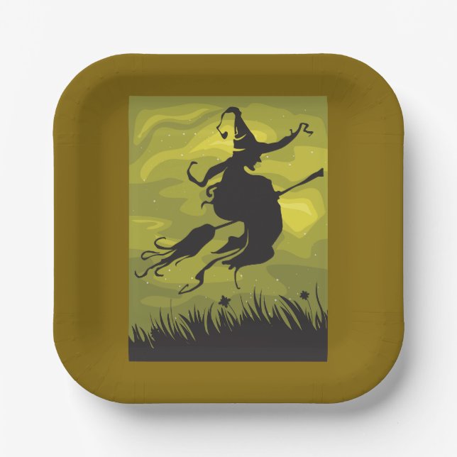 Plato De Papel Spooky Halloween Witch Flying on Broomstick (Anverso)