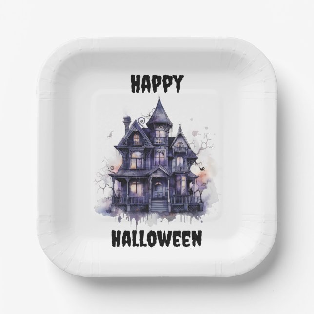 Plato De Papel Spooky House Happy Halloween Fiesta (Anverso)