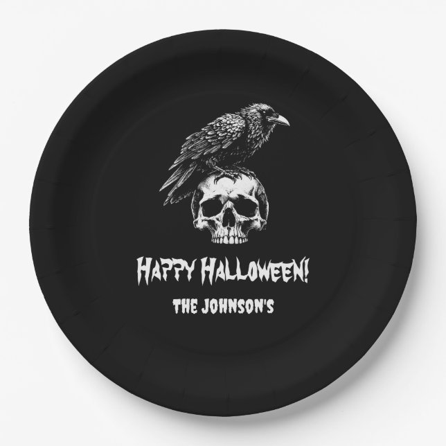 Plato De Papel Spooky Raven Skull Halloween Paper Plate (Anverso)