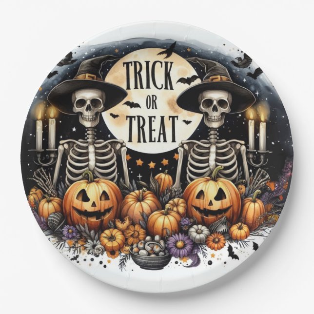 Plato De Papel Spooky Skeleton Duo - Placas de papel de truco o d (Anverso)