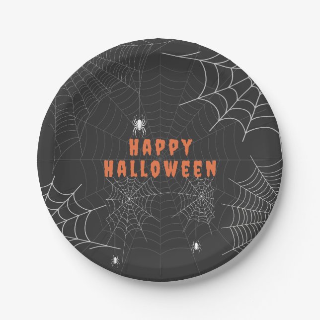Plato De Papel Spooky Spider Web Happy Halloween Fiesta (Anverso)