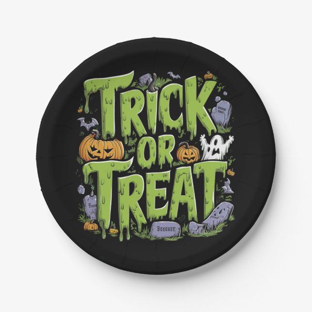 Plato De Papel Spooky Trick or Treat Slime Halloween  (Anverso)