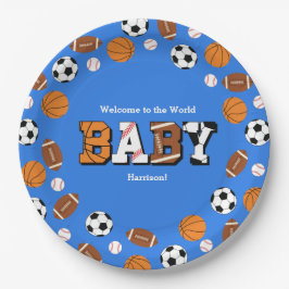 Plato De Papel Sports Baby Shower Co-ed Theme Boy Blue