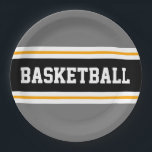 Plato De Papel Sporty Fun Gray Black Yellow BASKETBALL Strips<br><div class="desc">Este diseño deportivo presenta texto BASKETBALL en negrita dentro de una amplia franja de carreras horizontal en el centro de color negro resaltada con piñones gemelos blancos flotantes contra rayas externas grises. El texto se puede personalizar.</div>