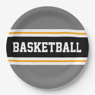 Plato De Papel Sporty Fun Gray Black Yellow BASKETBALL Strips
