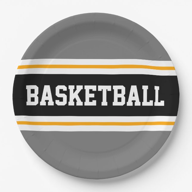 Plato De Papel Sporty Fun Gray Black Yellow BASKETBALL Strips (Anverso)