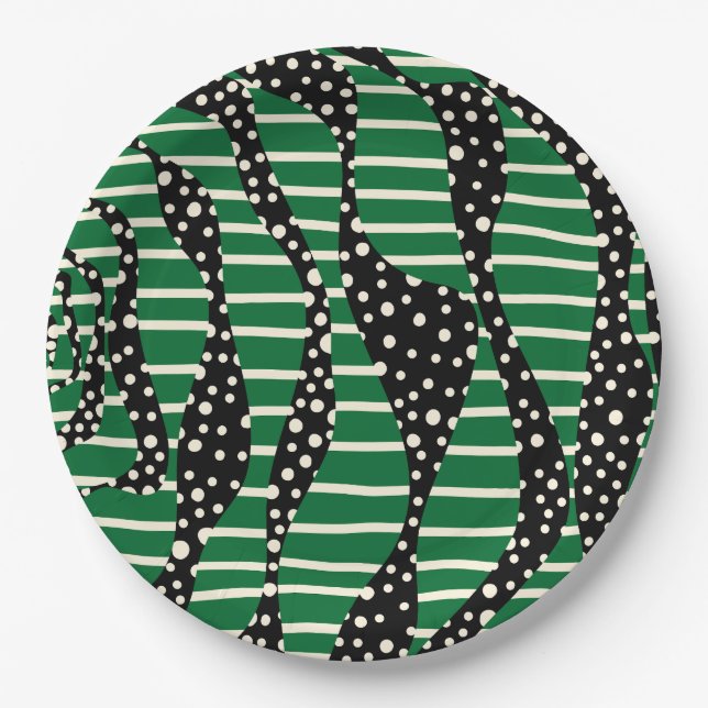 Plato De Papel Spots and Stripes 2 - Verde, crema y negro (Anverso)