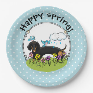 Plato De Papel Spring Dachshund Dog Dachsie (negro y marrón) Cute