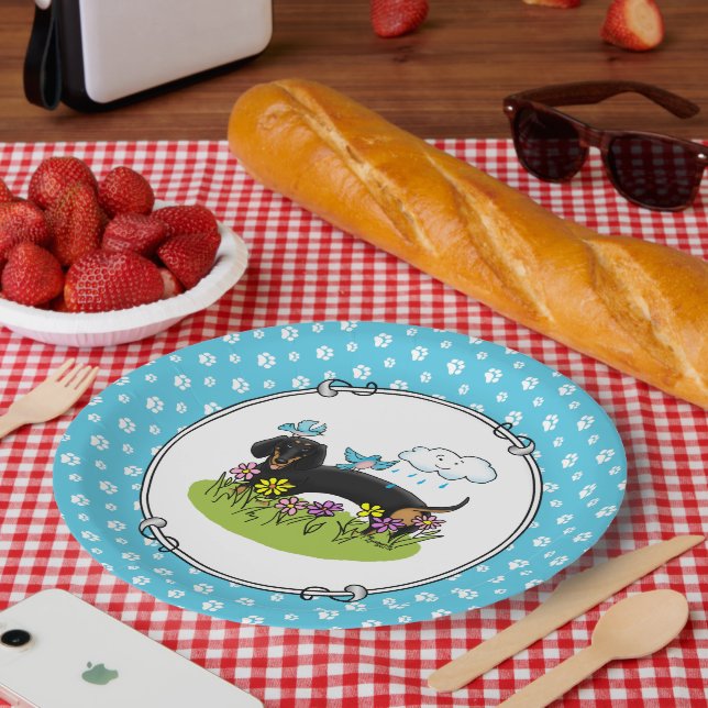 Plato De Papel Spring Dachshund Dog Dachsie (negro y marrón) Cute (Picnic)