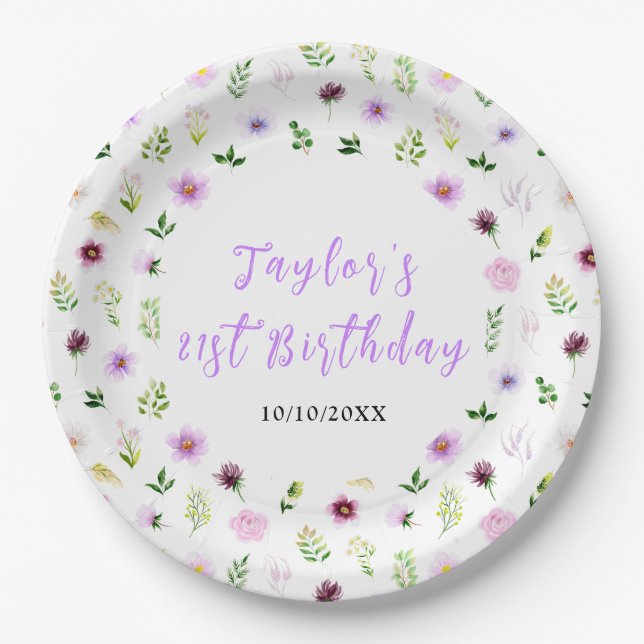 Plato De Papel Spring Purple Floral Birthday (Anverso)