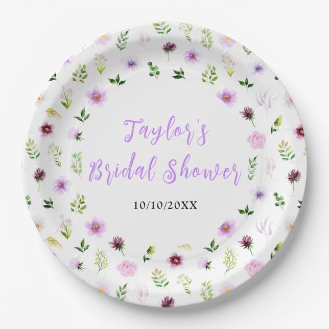 Plato De Papel Spring Purple Floral Bridal Shower (Anverso)