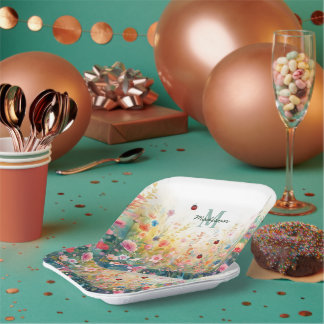 Plato De Papel Spring Watercolor ladybug Floral Monogram Wildflow