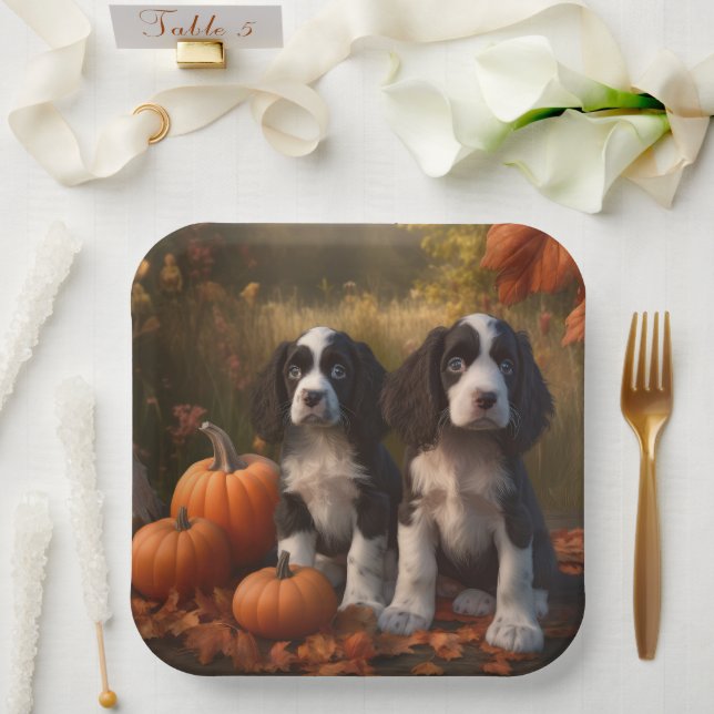 Plato De Papel Springer Spaniel Puppy Autumn Delight Pumpkin (Boda)