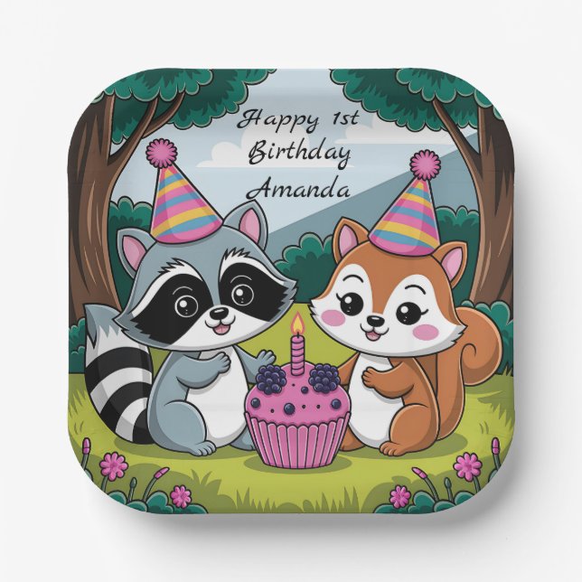 Plato De Papel Squirrel and Raccoon cute Birthday (Anverso)