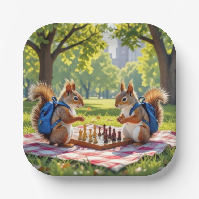 Plato De Papel Squirrels Playing Chess In a City Park (Anverso)