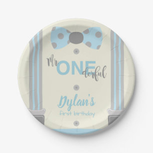 Plato De Papel Sr. pajarita azul y gris de Onederful