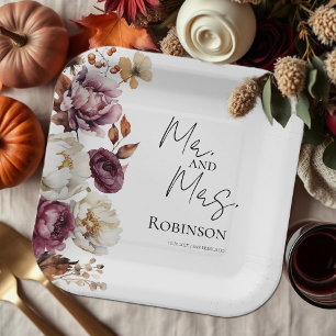 Plato De Papel Sr. y Sra. Boda de otoño borgoñoso
