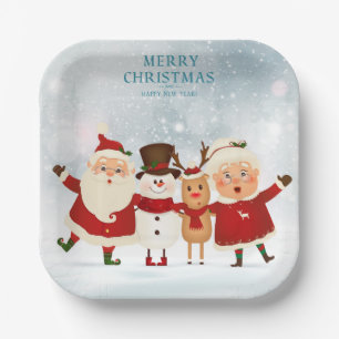 Plato De Papel Sr. y Sra. Claus Snowman y reno