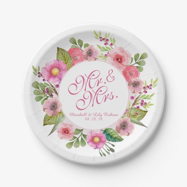 Plato De Papel Sr. y Sra. Elegant Boda Floral | Placa de papel (Anverso)