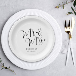 Plato De Papel Sr. y Sra. elegante boda simple de escritura