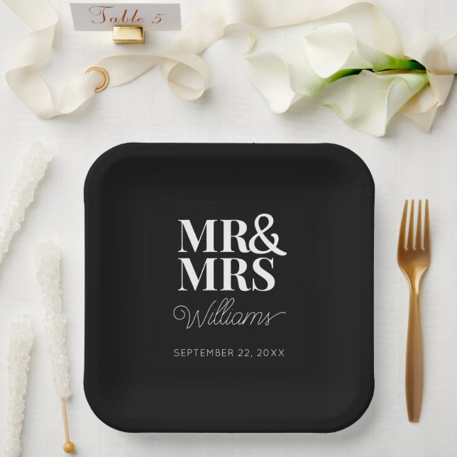 Plato De Papel Sr. y Sra. Minimal Simple Modern Disposable (Boda)