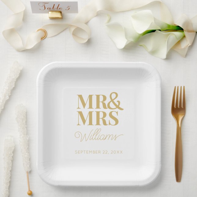 Plato De Papel Sr. y Sra. Minimal Simple Modern Disposable (Boda)