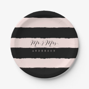 Plato De Papel Sr. y Sra. Moda Script Calligraphy Stripes Boda