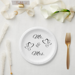 Plato De Papel Sr. y Sra. Modern Script White Boda