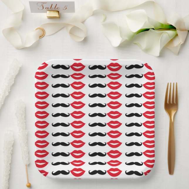 Plato De Papel Sr. y Sra. Mustache & Lips Placas de papel Fiesta (Boda)